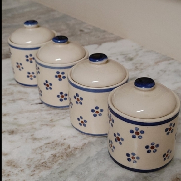 4 Mini Vintag Ceramic Canisters Naaman Porcelain Israel Ivory Blue & Burgundy - Picture 1 of 10